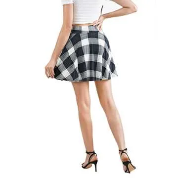 DJT Women Plaid Skirts Soft Stretchy High Waist Flared A-Line Mini Skater Skirt with Shorts L Black White Plaid