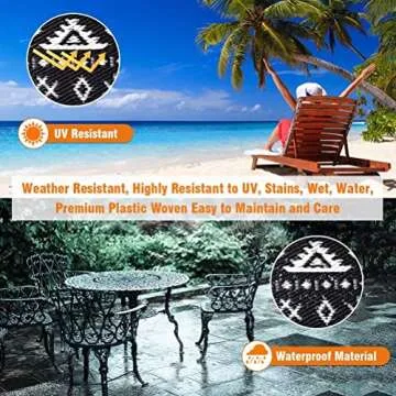 Pendolr 5’x8’ Outdoor Rug Waterproof Carpet Patio Rug Outdoor Plastic Straw Rug Camping Rug Reversible Outside Outdoor Area Rug for Balcony Deck Backyard RV Picnic Beach Black&White 02#