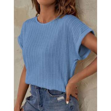 Afkwek Womens Casual Tops Crewneck Short Sleeve Cap Sleeve Spring Shirts for Women Solid Blouses Loo...