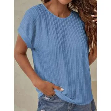 Afkwek Womens Casual Tops Crewneck Short Sleeve Cap Sleeve Spring Shirts for Women Solid Blouses Loose Fit Summer Work Tops for Women Blue XX-Large