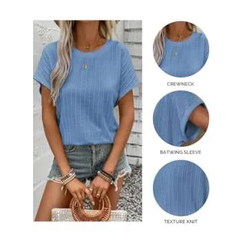 Afkwek Womens Casual Tops Crewneck Short Sleeve Cap Sleeve Spring Shirts for Women Solid Blouses Loose Fit Summer Work Tops for Women Blue XX-Large