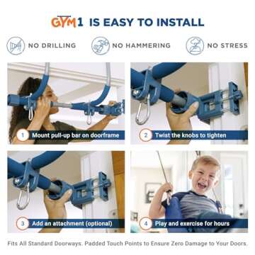 Gym1 2-Piece Doorway Gym for Kids, Includes Door Sensory Swing, Indoor Pull-Up Bar for Adults, Rings, Hanging Trapeze, Ladder & Knotted Rope, Holds Up to 300 Lbs - Blue