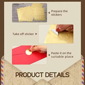 540 Pieces Gold Wax Seals Stickers Embossed Envelope Gold Foil Self Adhesive Wax Stickers for Wedding Greeting Cards Invitations Party Certification, 6 Patterns