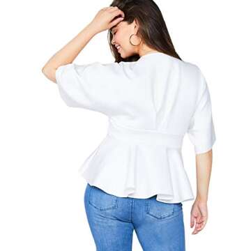 Romwe Women's Plus Size Raw Hem Peplum Blouse Deep V Neck Half Sleeve Belted Solid Top White 1X Plus