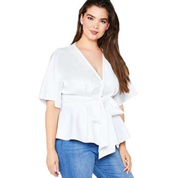 Romwe Women's Plus Size Raw Hem Peplum Blouse Deep V Neck Half Sleeve Belted Solid Top White 1X Plus