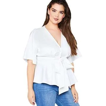 Romwe Women's Plus Size Raw Hem Peplum Blouse Deep V Neck Half Sleeve Belted Solid Top White 1X Plus
