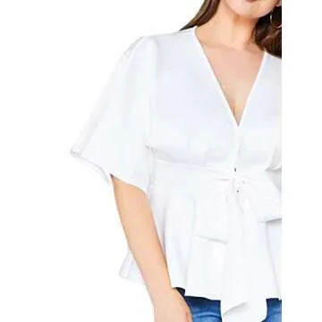 Romwe Women's Plus Size Raw Hem Peplum Blouse Deep V Neck Half Sleeve Belted Solid Top White 1X Plus