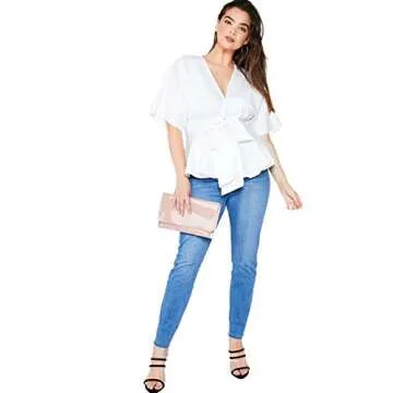 Romwe Women's Plus Size Raw Hem Peplum Blouse Deep V Neck Half Sleeve Belted Solid Top White 1X Plus