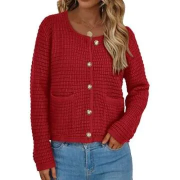 PRETTYGARDEN Women's Knit Cardigan Sweaters Fall Fashion Long Sleeve Open Front Button Down Trendy Casual Sweater Jacket (Red,Small)