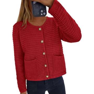 PRETTYGARDEN Women's Knit Cardigan Sweaters Fall Fashion Long Sleeve Open Front Button Down Trendy Casual Sweater Jacket (Red,Small)