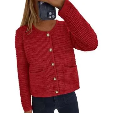PRETTYGARDEN Women's Knit Cardigan Sweaters Fall Fashion Long Sleeve Open Front Button Down Trendy Casual Sweater Jacket (Red,Small)