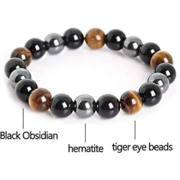 WFJ Black Obsidian Hematite Triple Protection Bracelet Tiger Eye Beads Bracelets for Men and women（10MM）, Set of 2 black,gray 19cm