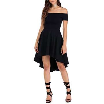 Sarin Mathews Womens Off The Shoulder Short Sleeve High Low Cocktail Skater Dress Black XS