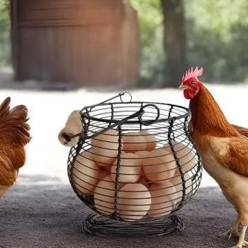 LINCOUNTRY. Farmhouse Wire Egg Baskets for Gathering Fresh Egg With Handle, Round Metal Chicken Bask...