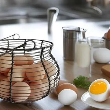LINCOUNTRY. Farmhouse Wire Egg Baskets for Gathering Fresh Egg With Handle, Round Metal Chicken Basket Collecting Fresh Egg Holder, Vintage Style for Countertop Kitchen