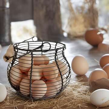 LINCOUNTRY. Farmhouse Wire Egg Baskets for Gathering Fresh Egg With Handle, Round Metal Chicken Basket Collecting Fresh Egg Holder, Vintage Style for Countertop Kitchen