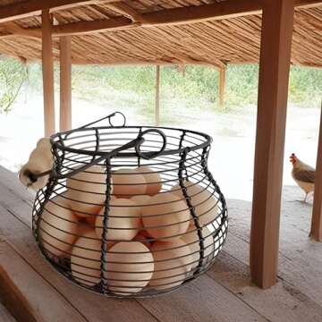 LINCOUNTRY. Farmhouse Wire Egg Baskets for Gathering Fresh Egg With Handle, Round Metal Chicken Basket Collecting Fresh Egg Holder, Vintage Style for Countertop Kitchen