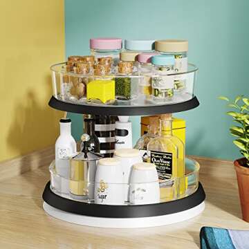 1Easylife 2 Tiers Lazy Susan, 11 Inches Turntable Clear Organizer, Height Adjustable Bins for Kitchen Cabinet Pantry Cabinet, Bathroom Countertop Organizer, 1x Large Bin and 3 x Divided Bins