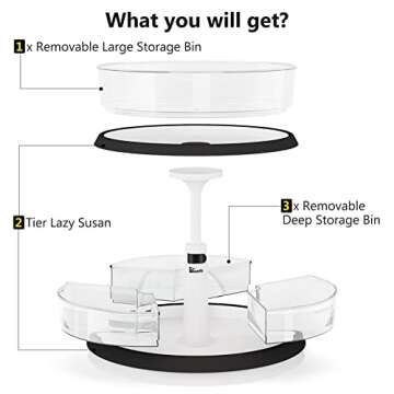 1Easylife 2 Tiers Lazy Susan, 11 Inches Turntable Clear Organizer, Height Adjustable Bins for Kitchen Cabinet Pantry Cabinet, Bathroom Countertop Organizer, 1x Large Bin and 3 x Divided Bins