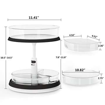 1Easylife 2 Tiers Lazy Susan, 11 Inches Turntable Clear Organizer, Height Adjustable Bins for Kitchen Cabinet Pantry Cabinet, Bathroom Countertop Organizer, 1x Large Bin and 3 x Divided Bins