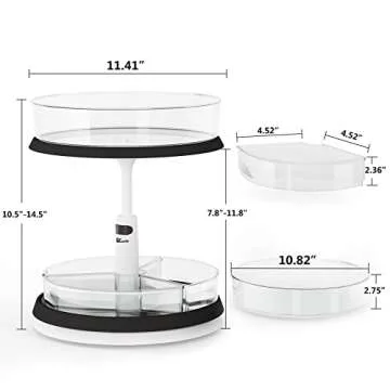 1Easylife 2 Tiers Lazy Susan, 11 Inches Turntable Clear Organizer, Height Adjustable Bins for Kitchen Cabinet Pantry Cabinet, Bathroom Countertop Organizer, 1x Large Bin and 3 x Divided Bins