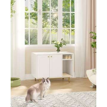 Hzuaneri Cat Litter Box Enclosure, Hidden Litter Box Furniture, Wooden Pet House Side End Table, Storage Cabinet Bench for Living Room, Bedroom, 31.5 x 19.7 x 23.9 inches, White and Gold 01503GCLB
