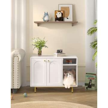 Hzuaneri Cat Litter Box Enclosure, Hidden Litter Box Furniture, Wooden Pet House Side End Table, Storage Cabinet Bench for Living Room, Bedroom, 31.5 x 19.7 x 23.9 inches, White and Gold 01503GCLB