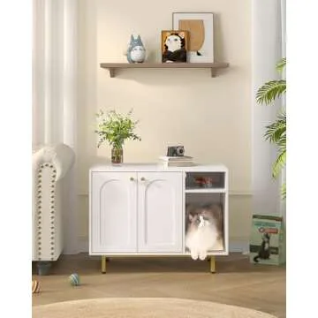 Hzuaneri Cat Litter Box Enclosure, Hidden Litter Box Furniture, Wooden Pet House Side End Table, Storage Cabinet Bench for Living Room, Bedroom, 31.5 x 19.7 x 23.9 inches, White and Gold 01503GCLB