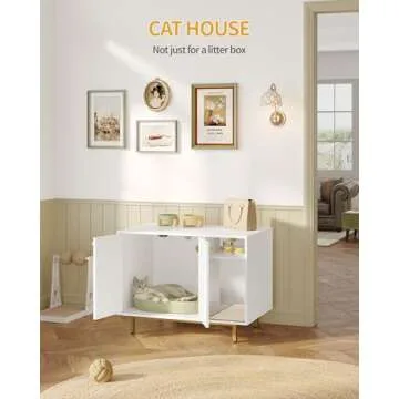 Hzuaneri Cat Litter Box Enclosure, Hidden Litter Box Furniture, Wooden Pet House Side End Table, Storage Cabinet Bench for Living Room, Bedroom, 31.5 x 19.7 x 23.9 inches, White and Gold 01503GCLB