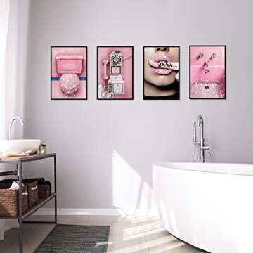 AllBlue Glitter Pink Bathroom Decor Wall Art Shine Toilet Print Glam Bathroom Poster Wall Decor Set of 4 Artwork for Wall Pictures Home Decorations (8x12 in UNFRAMED, Pink)