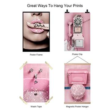 AllBlue Glitter Pink Bathroom Decor Wall Art Shine Toilet Print Glam Bathroom Poster Wall Decor Set of 4 Artwork for Wall Pictures Home Decorations (8x12 in UNFRAMED, Pink)