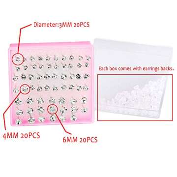Stuppendux 16G 60PCS Diameter 3mm 4mm 6mm Universal White Zircon Plastic Silcone Anti-Allergy Studs Ear Nail Ear Needle Mixed Color Set Earrings Set for Women Men