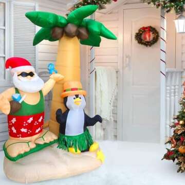 HappyThings! Christmas in July Inflatables Outdoor Decorations for The Yard Blow Up Santa on Vacation w/LED Lights and Blower for Christmas 7x7x4 ft
