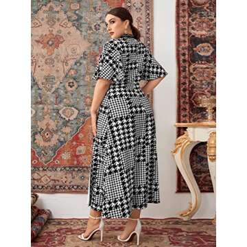 WDIRARA Women's Plus Size Houndstooth Chevron Print Mock Neck Butterfly Sleeve Long Dress Black Whit...