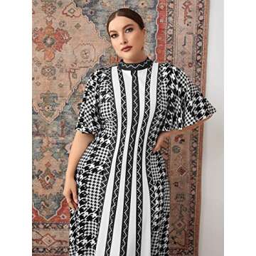 WDIRARA Women's Plus Size Houndstooth Chevron Print Mock Neck Butterfly Sleeve Long Dress Black White Graphic XS