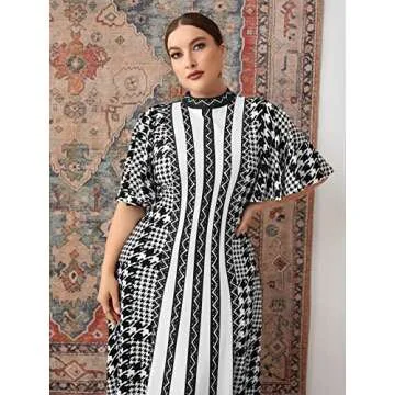 WDIRARA Women's Plus Size Houndstooth Chevron Print Mock Neck Butterfly Sleeve Long Dress Black White Graphic XS