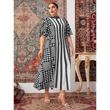 WDIRARA Women's Plus Size Houndstooth Chevron Print Mock Neck Butterfly Sleeve Long Dress Black White Graphic XS