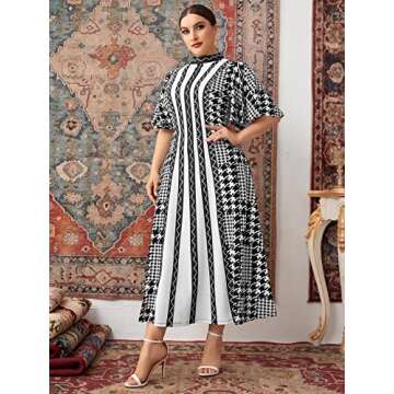 WDIRARA Women's Plus Size Houndstooth Chevron Print Mock Neck Butterfly Sleeve Long Dress Black White Graphic XS