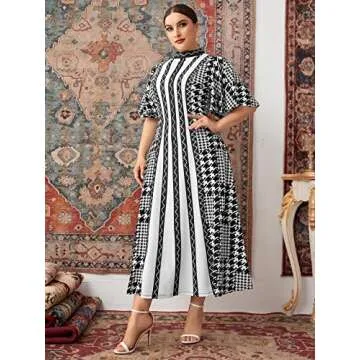 WDIRARA Women's Plus Size Houndstooth Chevron Print Mock Neck Butterfly Sleeve Long Dress Black White Graphic XS