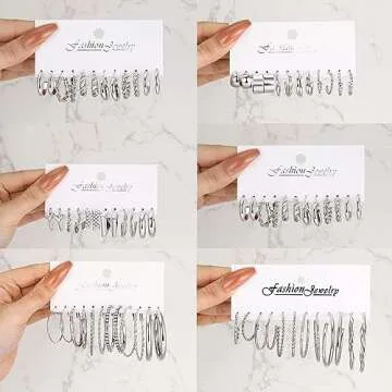 36 Pairs Gold Hoop Earrings Set for Women Multipack, Hypoallergenic Chunky Chain Twisted Hoop Earrings Pack, Fashion Dangle Earrings Jewelry for Gift (B-36Pcs Silver)