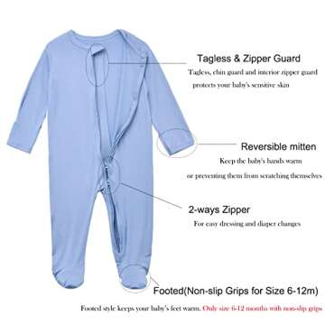 Aablexema Baby Footie Pajamas Zipper - Rayon from Bamboo Infant Footed Pjs with Mittens Sleepwear Jammies(White & Blue,3-6m)