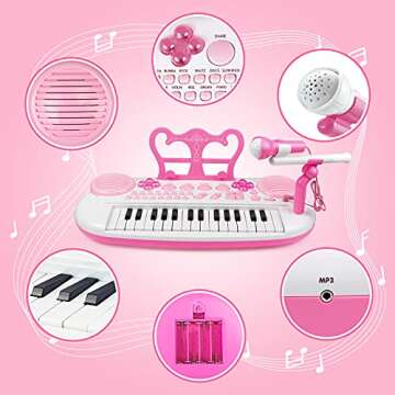 Kids Piano Keyboard Toys, 31-Keys Piano for Toddler Ages 3-5-9, Educational Toys with Microphone, Stool, Portable Multifunction Electronic Musical Instrument, 3+Year Old Girls Birthday Gift Ideas-Pink