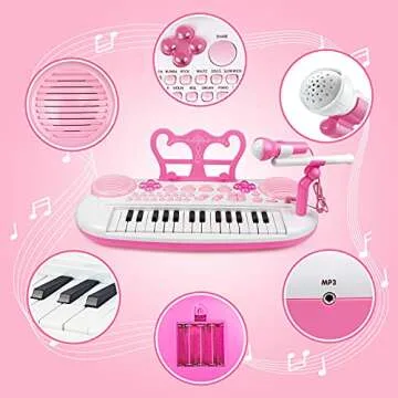 Kids Piano Keyboard Toys, 31-Keys Piano for Toddler Ages 3-5-9, Educational Toys with Microphone, Stool, Portable Multifunction Electronic Musical Instrument, 3+Year Old Girls Birthday Gift Ideas-Pink