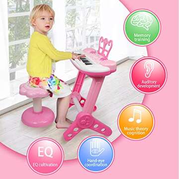 Kids Piano Keyboard Toys, 31-Keys Piano for Toddler Ages 3-5-9, Educational Toys with Microphone, Stool, Portable Multifunction Electronic Musical Instrument, 3+Year Old Girls Birthday Gift Ideas-Pink