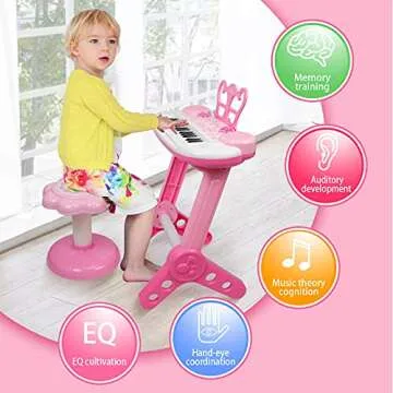 Kids Piano Keyboard Toys, 31-Keys Piano for Toddler Ages 3-5-9, Educational Toys with Microphone, Stool, Portable Multifunction Electronic Musical Instrument, 3+Year Old Girls Birthday Gift Ideas-Pink