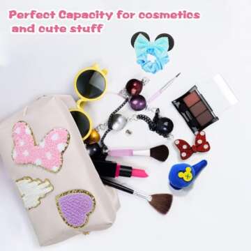 Dripykiaa Preppy Patch Small Toiletry Bag Cartoon Leather Makeup Bag with Double Zipper Gift for Women and Teenage Girls for Disney World Essentials