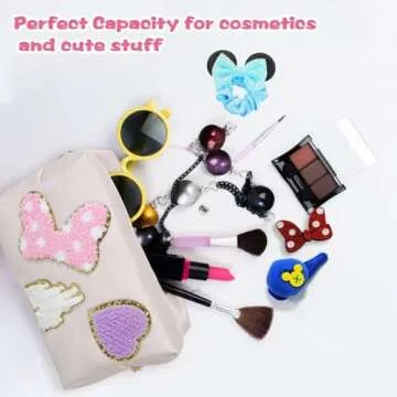 Dripykiaa Preppy Patch Small Toiletry Bag Cartoon Leather Makeup Bag with Double Zipper Gift for Women and Teenage Girls for Disney World Essentials