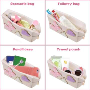 Dripykiaa Preppy Patch Small Toiletry Bag Cartoon Leather Makeup Bag with Double Zipper Gift for Women and Teenage Girls for Disney World Essentials