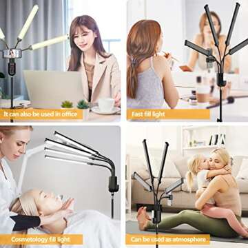 SURBORT LED Fill Light, 63“ Liftable Tripod Video Light, for Photography/Makeup/Live Streaming/Tiktok, 4 Heads 3 Color Lighting,11 Levels of Adjustable Brightness, 3-18H Timer, Remote Control（S4）