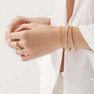 PEARLADA Baguette Cubic Zirconia Tennis Bracelet, Classic 18k Gold Faux Diamond Bracelet for Women, Dainty Adjustable Bracelet for Wedding 7-8”